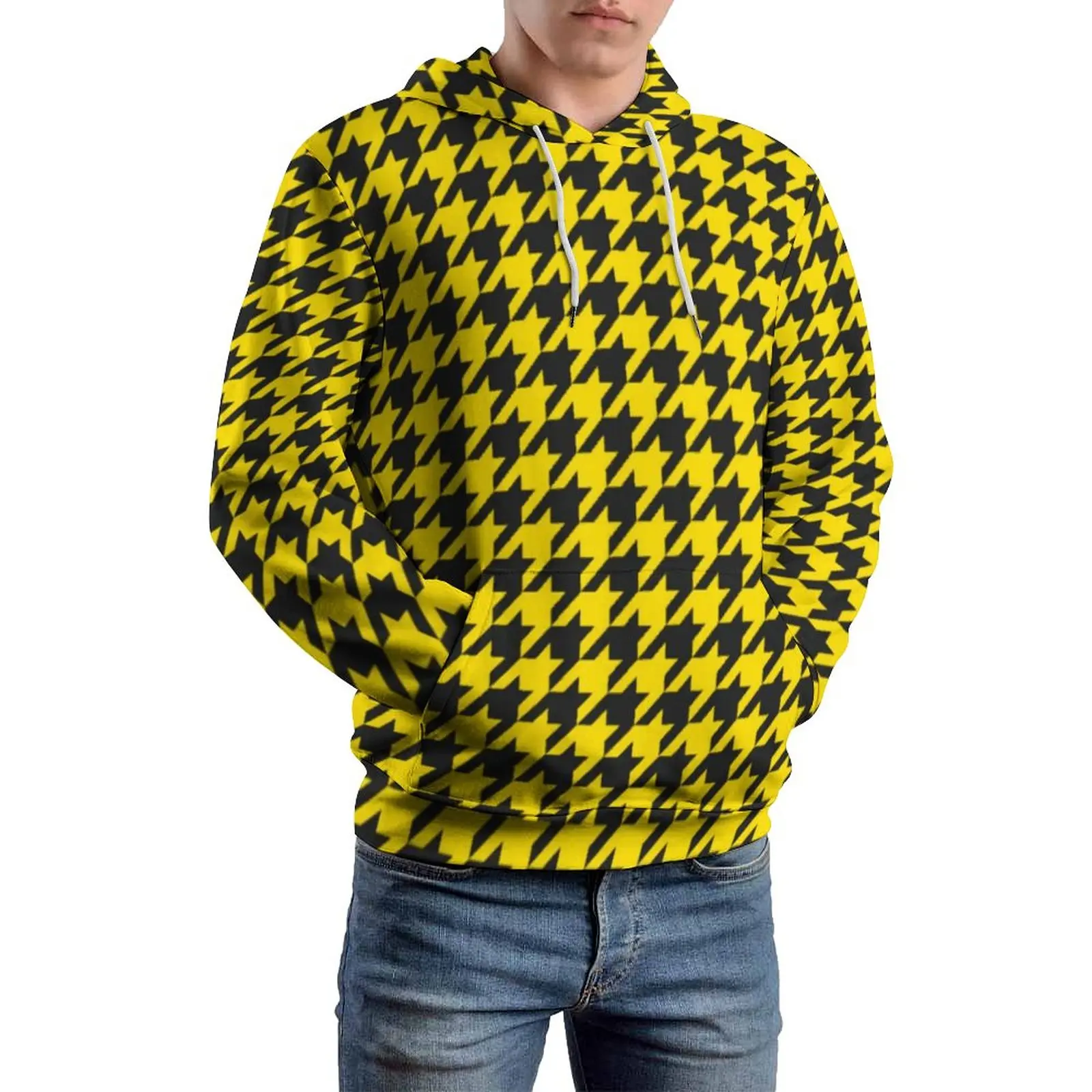 Yellow Black Houndstooth Casual Hoodies Unisex Vintage Print Aesthetic