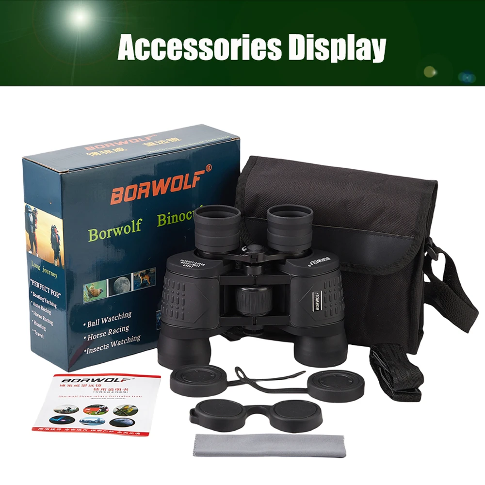 BORWOLF 8X40 HD Professional Zoom 26MM Large eyepiece powerful Binoculars Light night vision for hunting telescope 6