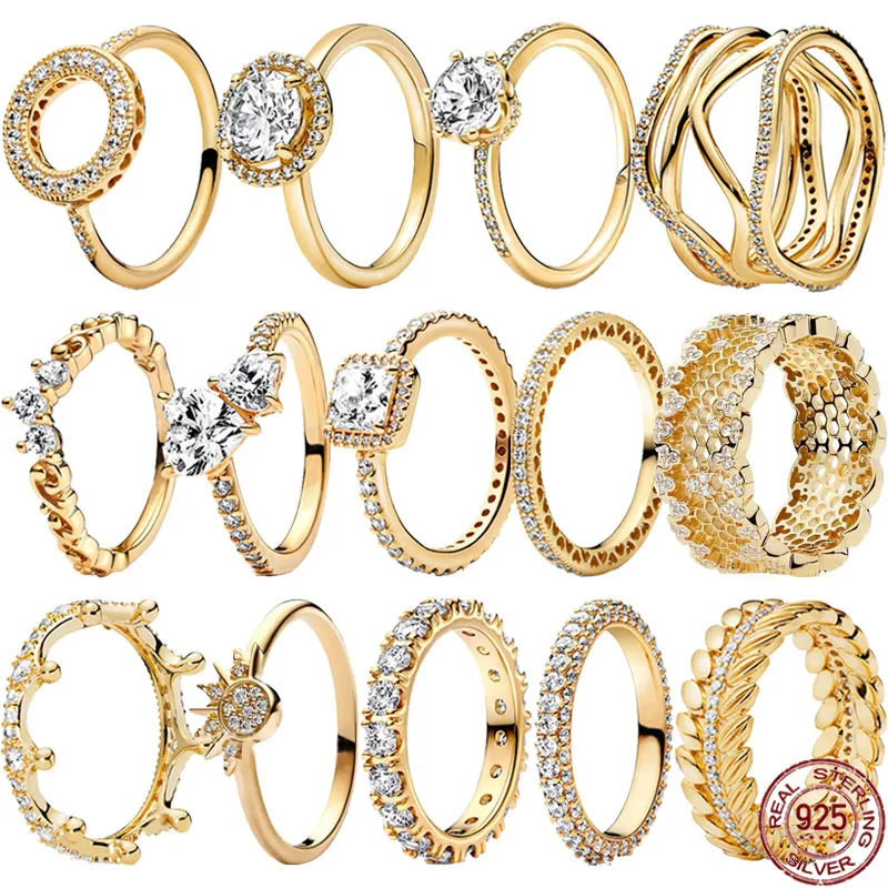 925 Sterling silver Classic Gold color Series Dazzling Crown Round Hearts Ring Exquisite Luxury Charm Jewelry Holiday Gift silver ring