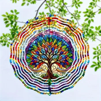 Vivid Tree of Life Spinner - 3D Stainless Steel Wind Sculpture with Colorful Leaves, Dynamic Hanging Garden Art 1