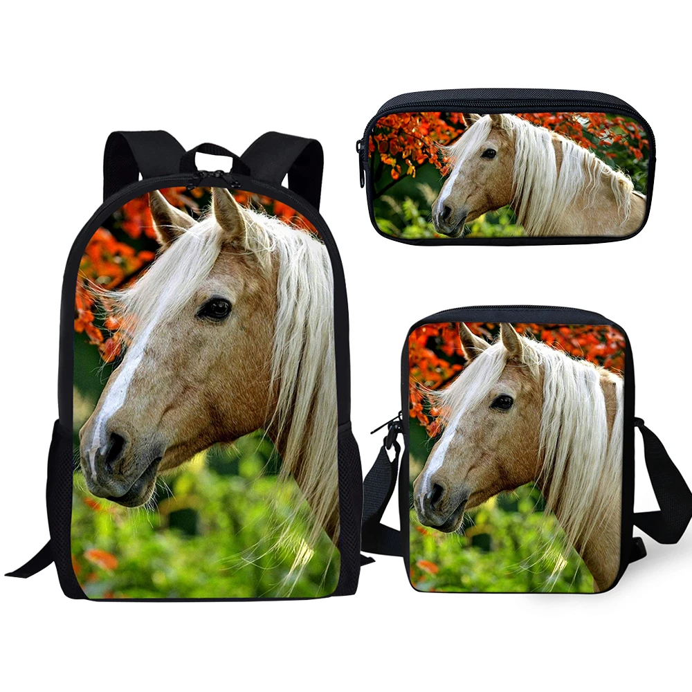 Harajuku Novelty Cool Horse 3pcs/Set Backpack 3D Print School Student Bookbag Laptop Daypack Shoulder Bag Pencil Case