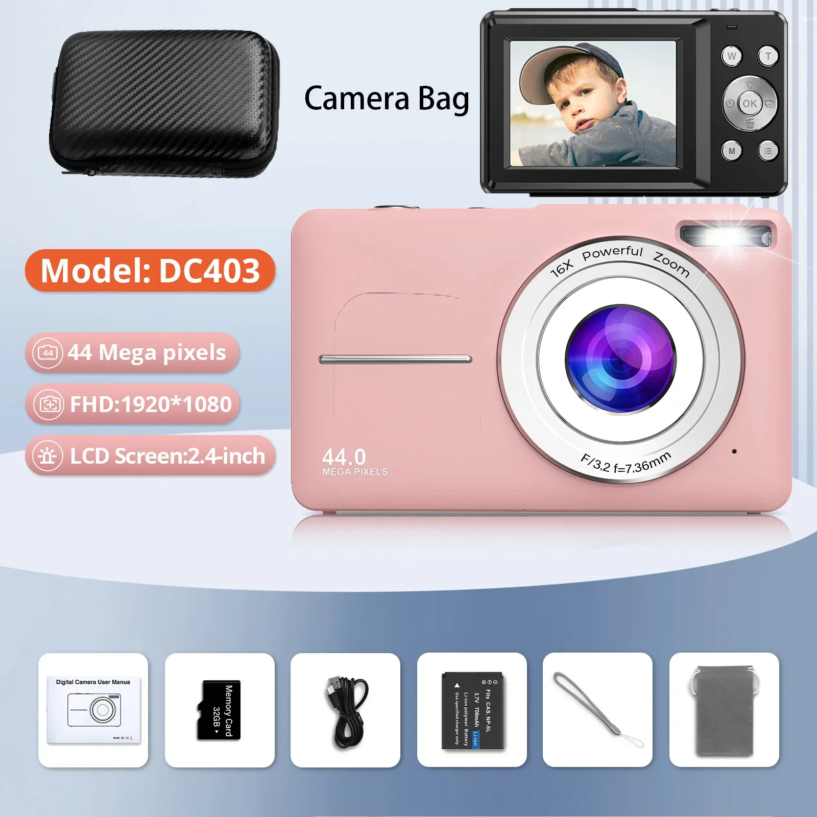 HD Digital Camera 44MP 1080P FHD Photography Camera Video Camcorder 16X Zoom Portable Vlogging Camera for Kids Adults Beginners