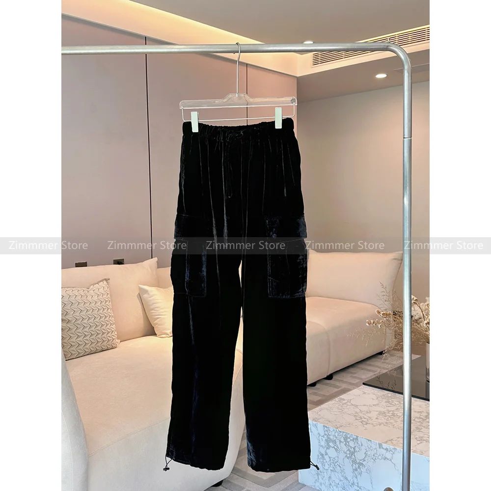 

Black velvet workwear elastic waist casual trousers women 23 autumn and winter new hundreds of thin wide-leg trousers