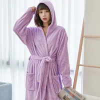 Coral Velvet Bathrobes for Women Long with Hood Autumn Winter Solid Plush Microfiber Bath Robe Sleepwear Home Bathroom Clothes 1