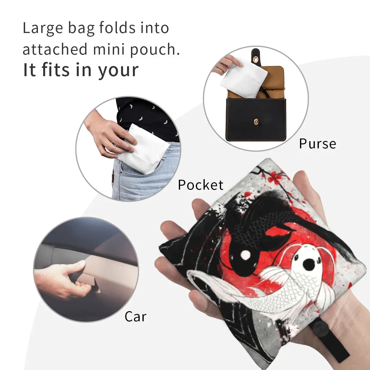 Cute Koi Fish Yin Yang Shopping Bags Women Portable Big Capacity Groceries Japanese Sakura Floral Tote Shopper Bags