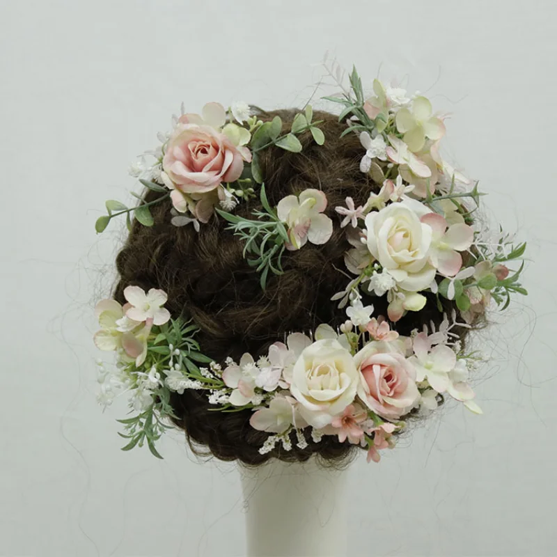 Pink Artifical Rose Flower Headwear with Comb Wedding Decoration Bride Hair Accessories