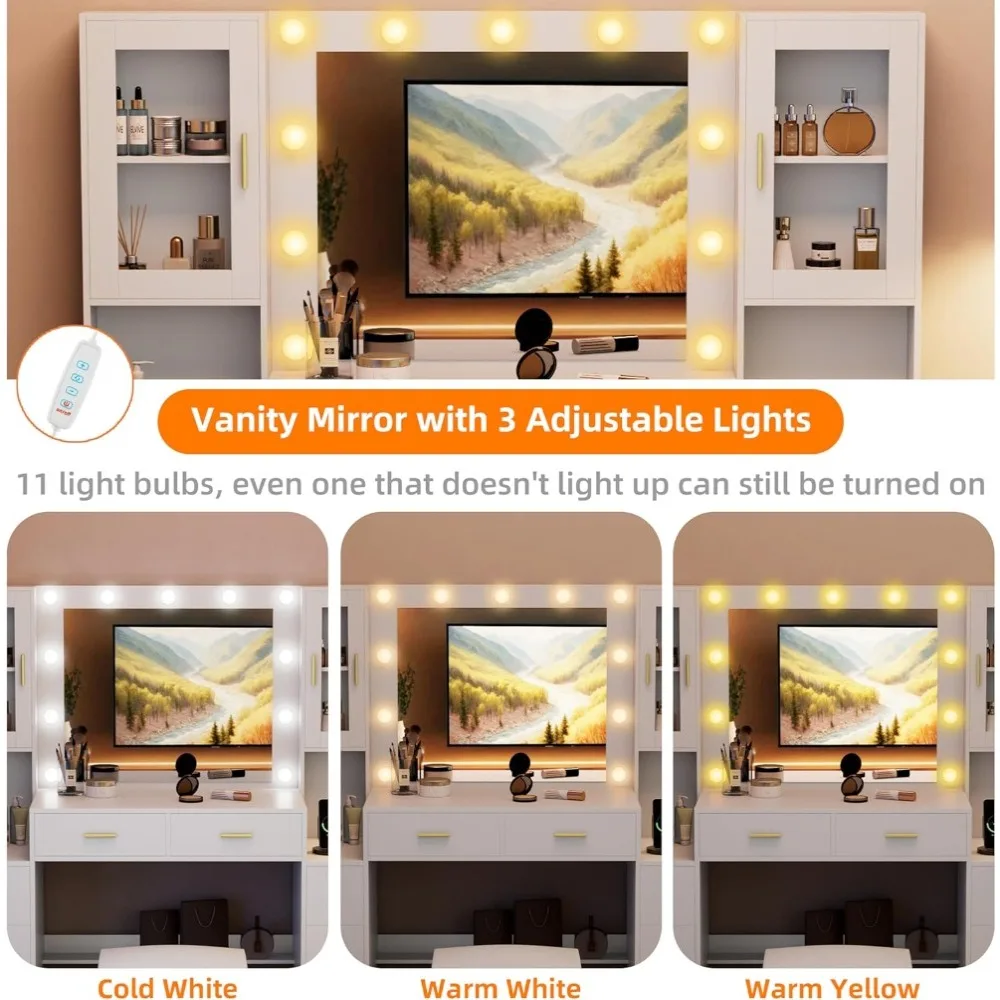 Large Vanity Desk with Mirror & Lights, White Makeup Vanity with Power Outlet and 8 Drawers, 2 Cabinets, Vanity Table with Light 2