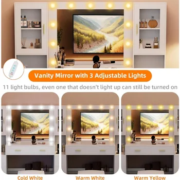 Large Vanity Desk with Mirror & Lights, White Makeup Vanity with Power Outlet and 8 Drawers, 2 Cabinets, Vanity Table with Light 2