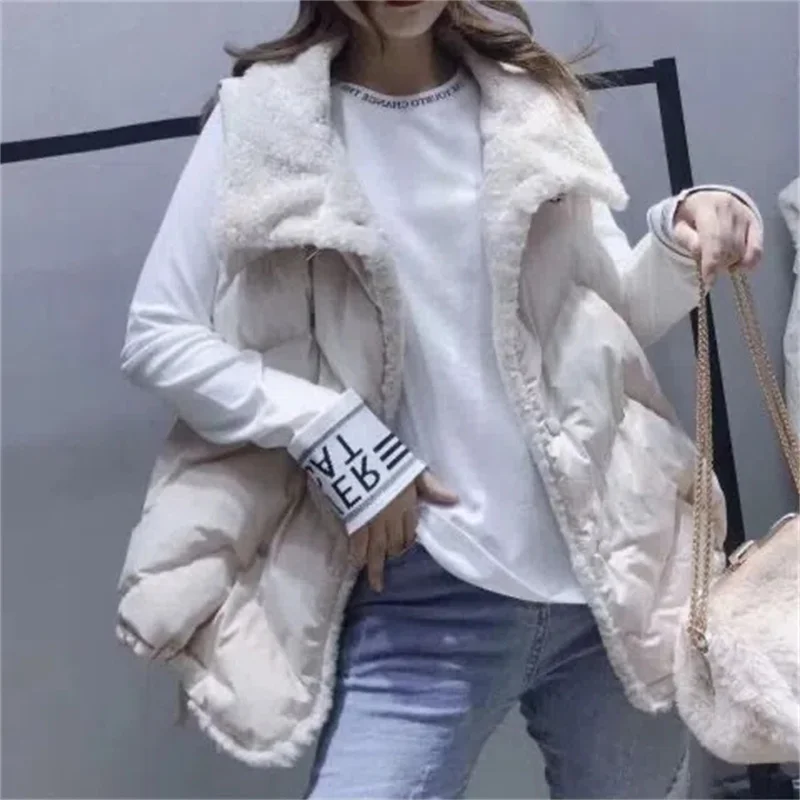 2023 Winter Vest Fat MM Large Size European Lamb Fur Lapel Vest Women Oversized Short Vest Jacket Female Coat Green Black