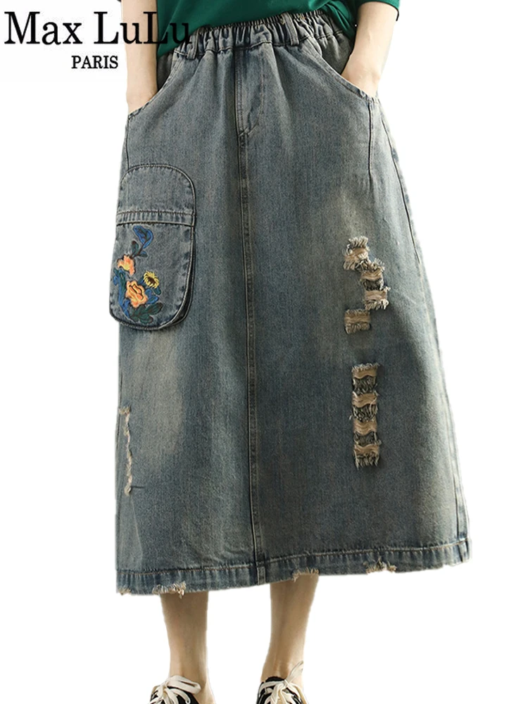 Max LuLu New 2022 Spring Vintage Clothes Womens Ripped Holes Denim Skirts Loose Ladies Flower Skirt Casual Streetwear Large Size high waist korean denim wide leg shorts ladies 2022 summer y2k loose warm up skirt shorts blue pocket jeans pants streetwear