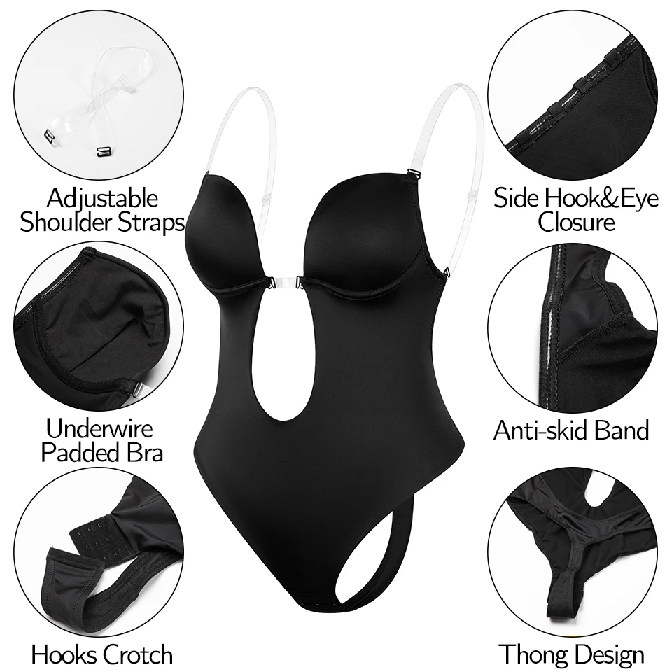 Women Shapewear Bodysuit Deep V-Neck Body Shaper Padded Bra Backless U Plunge Thong Shaper Waist Trainer Push Up Party Underwear
