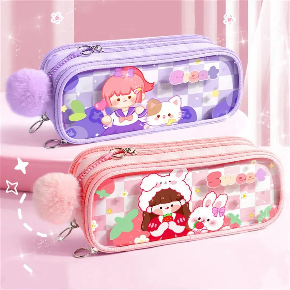 

Large Capacity Pencil Cases Kawaii Waterproof Transparent Pen Box Three Layers Pink Purple Pencil Bag Children Gifts