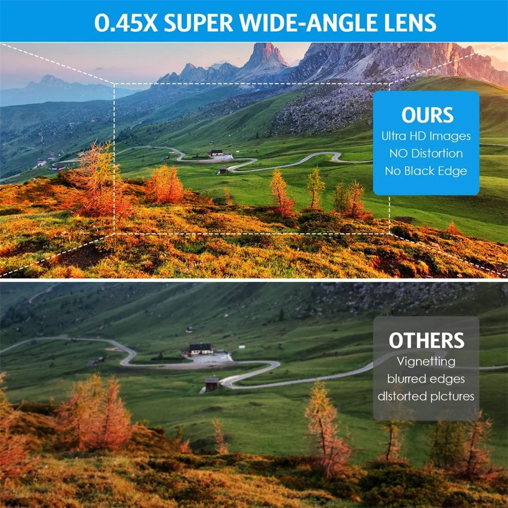 Description Picture 5 of item2 In 1 Professional Mobile Phone Camera Lenses Magnifiers Clip-on Fish Eye 15X Macro 0.45X Super Wide Angle Lens