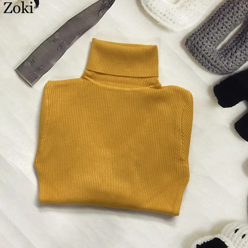green sweater Zoki Soft Women Turtleneck Sweater Autumn Long Sleeve Elastic Female Knitted Jumper Casual Pullover Slim Winter Basic Tops 2022 pullover sweater Sweaters