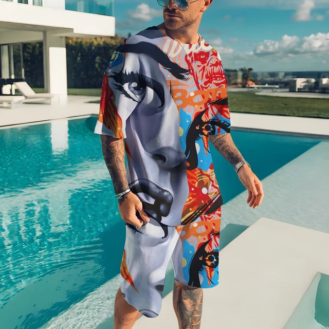 Summer New Men's Sets Casual Fashion Printed T Shirt + Beach Shorts Suit  Man O-Neck T-Shirt 2 Pieces Asian Size XXS-6XL