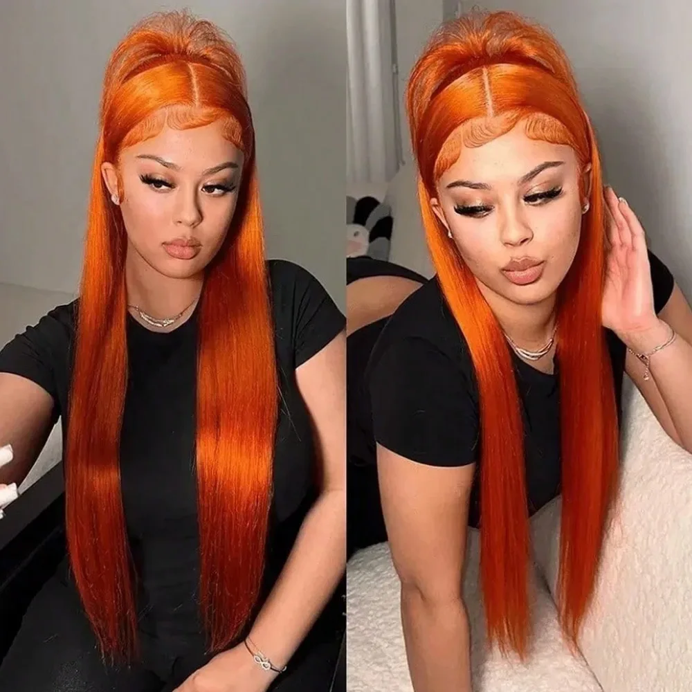 28 Inch 350 Straight Hair 13x4 Lace Front Wigs 200% Density Brazilian Hair Pre Plucked with Baby Hair for Women #Ginger Orange