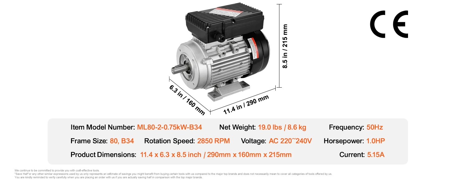 SucceBuy 0.75KW Air Compressor Motor Single Phase 2800 rpm Electric Motor Keyed Shaft CW/CCW Rotation for Agricultural Machinery
