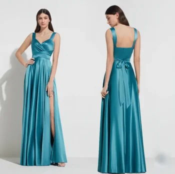 Jade Blue Satin Evening Gown for Women Sexy Square Neck Bridesmaid Dress High Slit Formal Party Dress Long Dress for Party 3