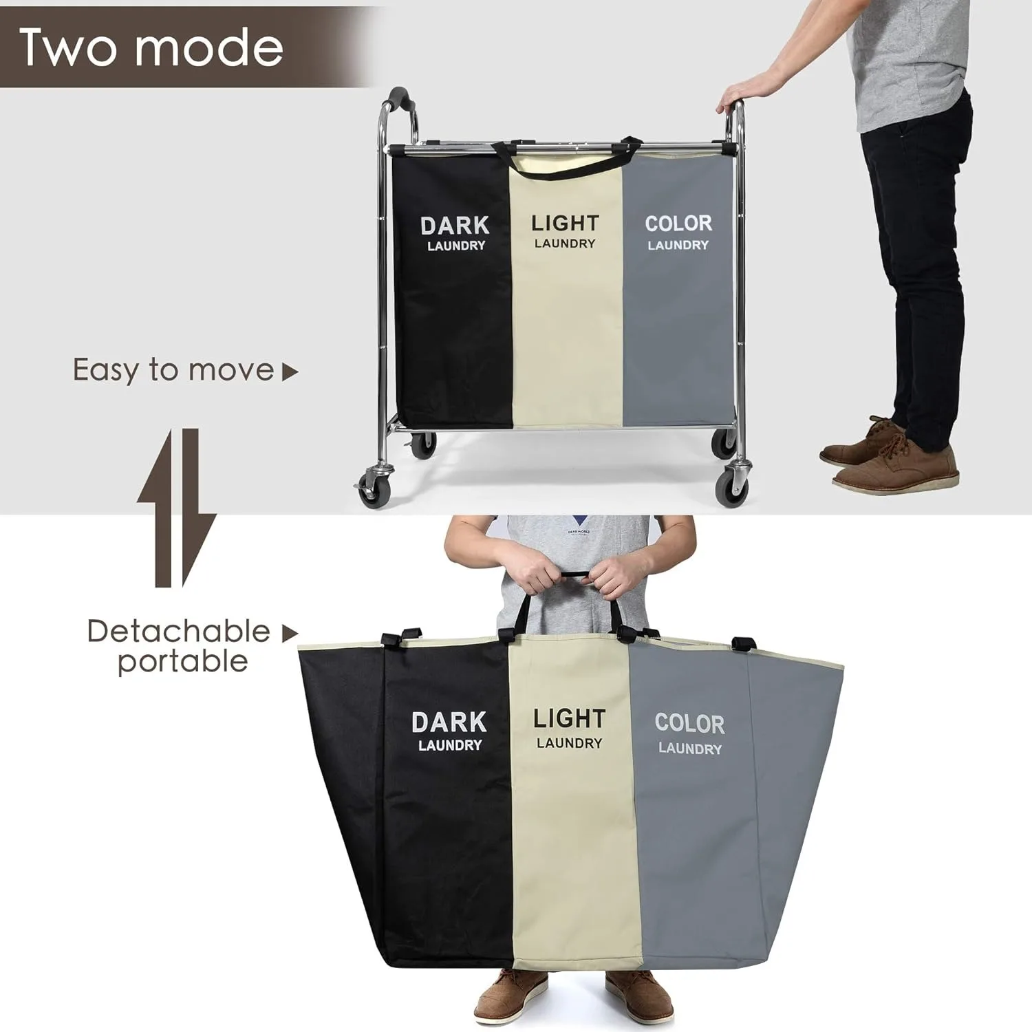 240L Laundry Hamper Large Laundry Basket with Wheels 3 Section Bag Organizer for Dirty Clothes Dorm Room Essentials