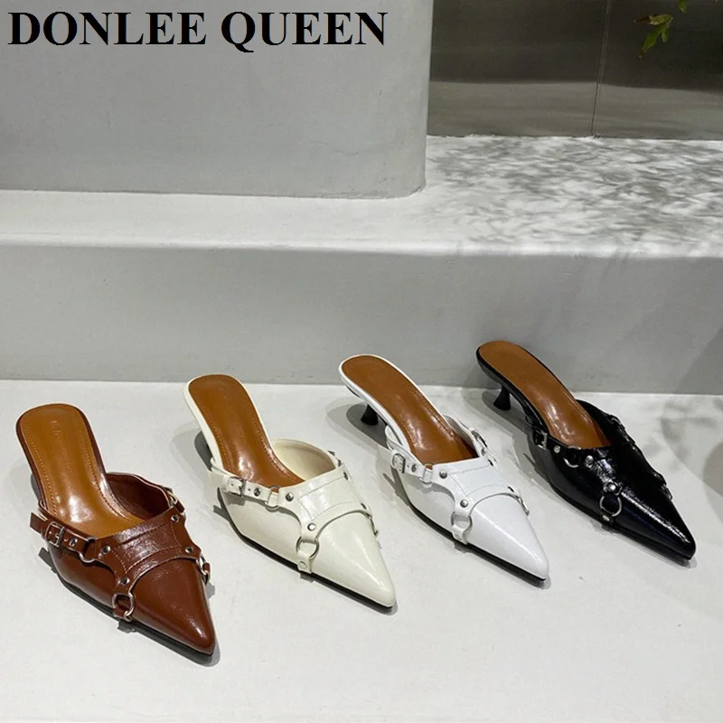 Fashion Rivet Mule Shoes Women Slippers Slip On Slides Pointed Toe Low