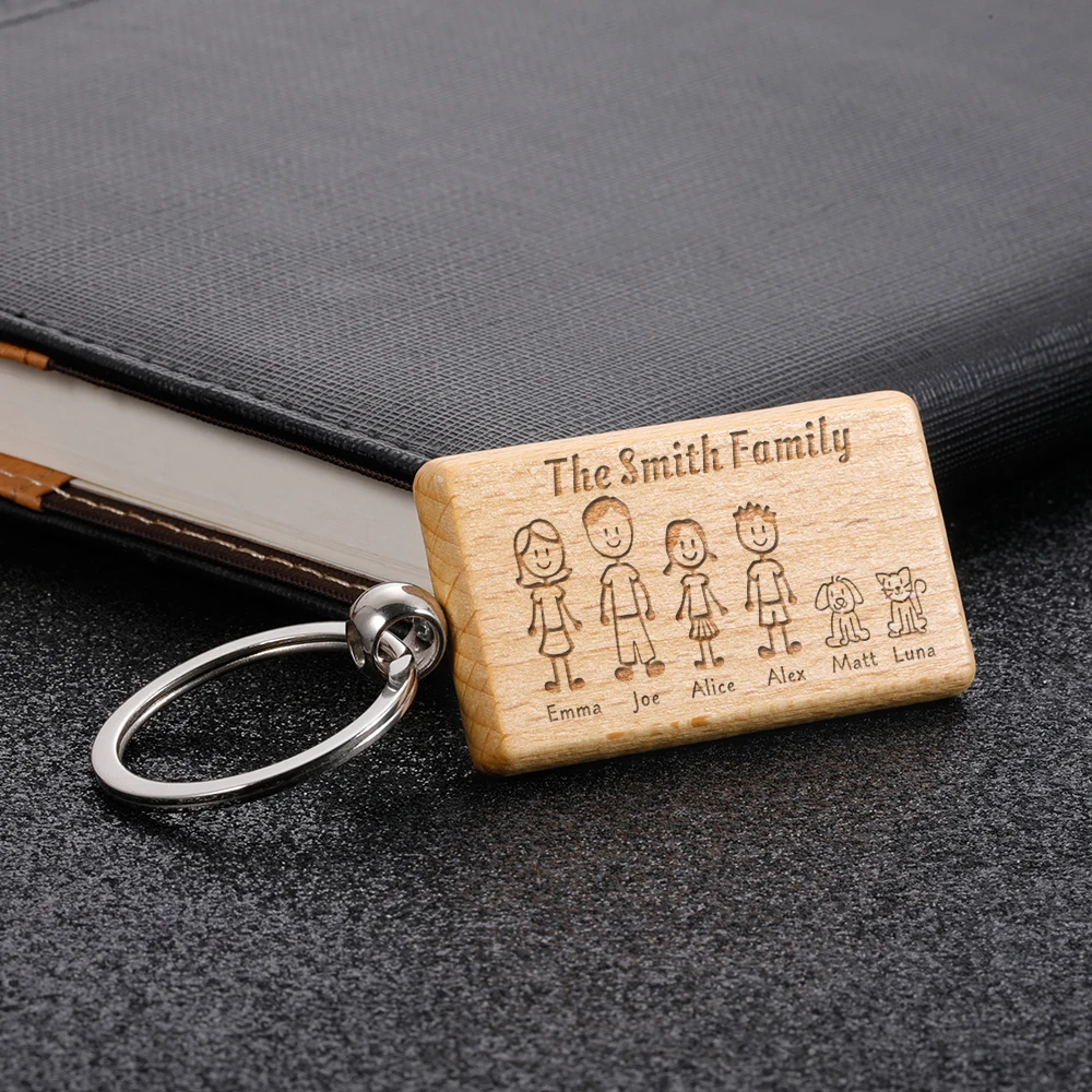 

Custom Wooden Keychain Personalized Engraved Cute The Smith Family For Parents Children Bag Charm Families Member Gifts Keyrings