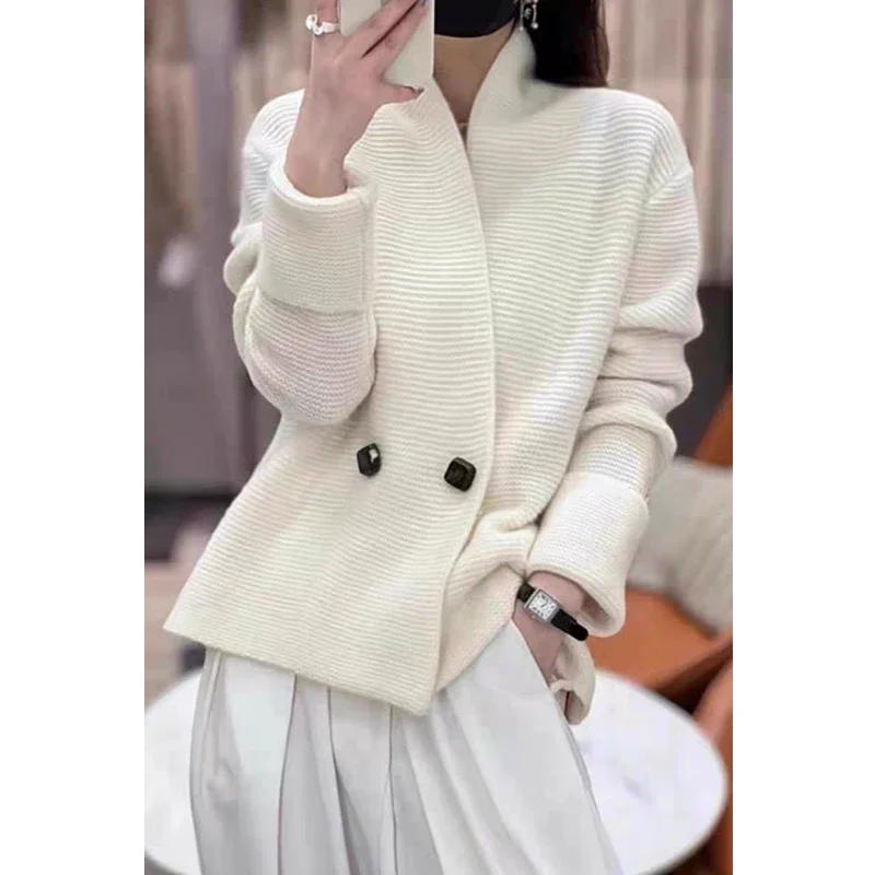 New Autumn and Winter Button Women's Knitted Sweater Elegant Office Women's Solid Color Cardigan Double-breasted Jacket