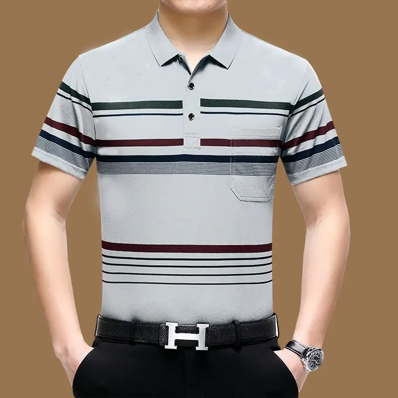 

Summer Polo Shirts for Men Short Sleeve Striped Printing Loose Turn-down Collar Pockets Button Fashion Casual Tops