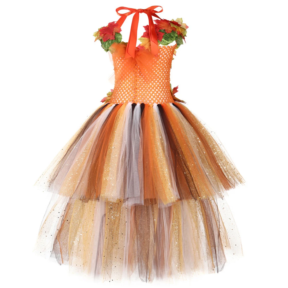 Sparkly Maple Leaf Princess Dresses for Girls Fall Autumn Halloween Costumes for Kids High Low Twinkle Tutus Outfit with Train