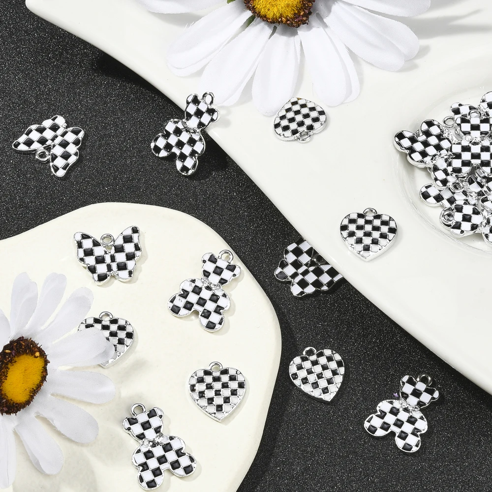 30Pcs 3 Styles Black and White Square Plaided Charm Enamel Heart Bear Butterfly Small Pendants for Jewelry Making DIY Findings