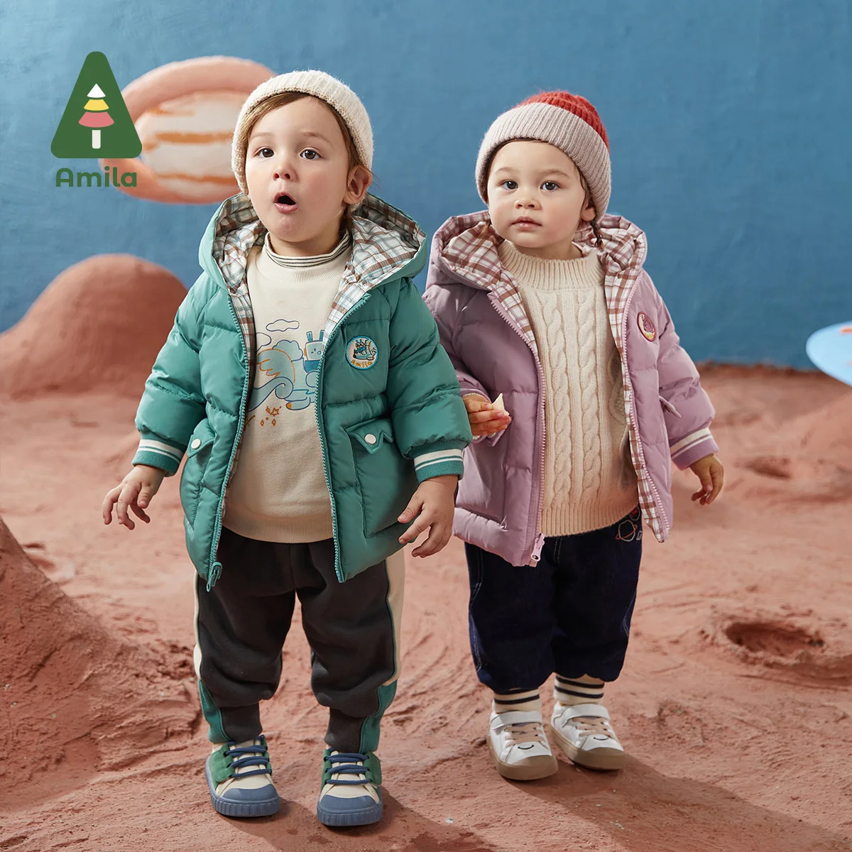 Amila Baby Cotton Clothing Winter Girls Children's Double-sided Wear Thickened Warm Hooded Coat Boys Casual Jacket
