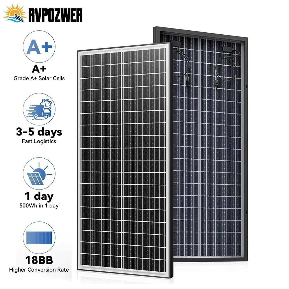 Rvpozwer 100W Bifacial Solar Panels 12V 18BB Monocrystalline Cells 25.5% High-Efficiency PV for Home RV Off-Grid Rooftop Boat — Color: 100W 1Pcs