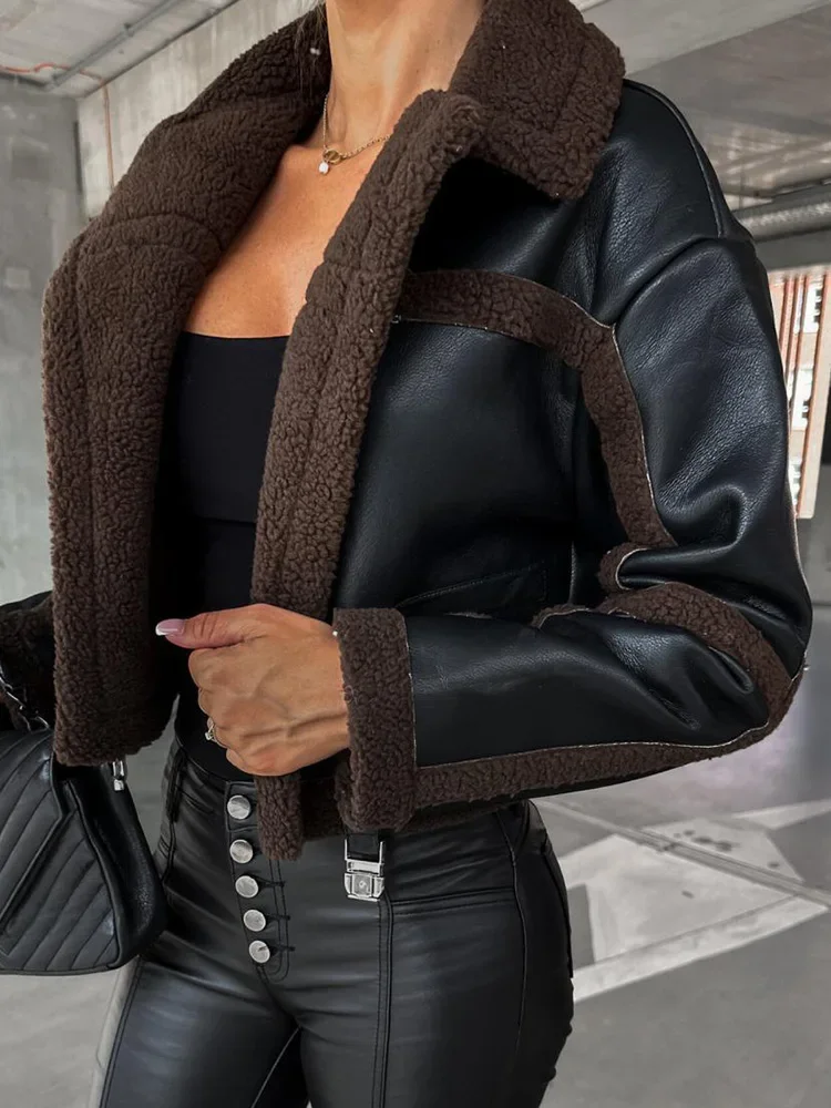 Long Sleeve Loungewear Women Coats Turn-Down Collar Autumn Winter Patchwork Ladies Outerwear 2023 Fashion Elegant Short Jackets