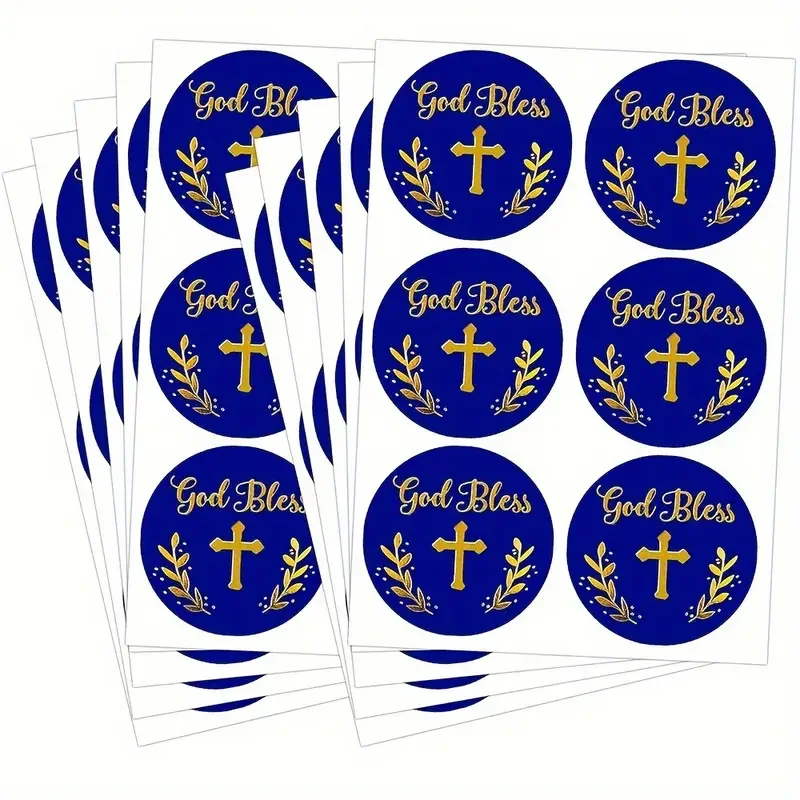 150pcs God Bless Stickers, 2" Golden Cross Christian Labels for Baptism, Confirmation, Christening & First Communion