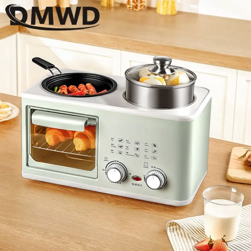 DMWD 4 in 1 Household Electric Breakfast Machine Toaster Frying Pan Mini Oven Bread Pizza Maker Hot Pot Steamer Boiling Pot