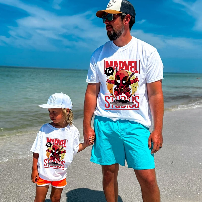 Marvel Hero Print T-shirt Dad and kids Cotton Short Sleeve Family Matching Outfits Casual White Top 6