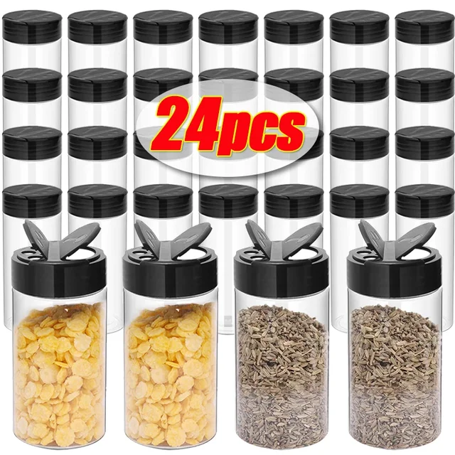 Pots d'assaisonnement transparents réutilisables, grandes bouteilles vides de stockage de condiments à épices, conteneurs de poudre de saison, boîte pour la cuisine, 24 à 1 pièces 1