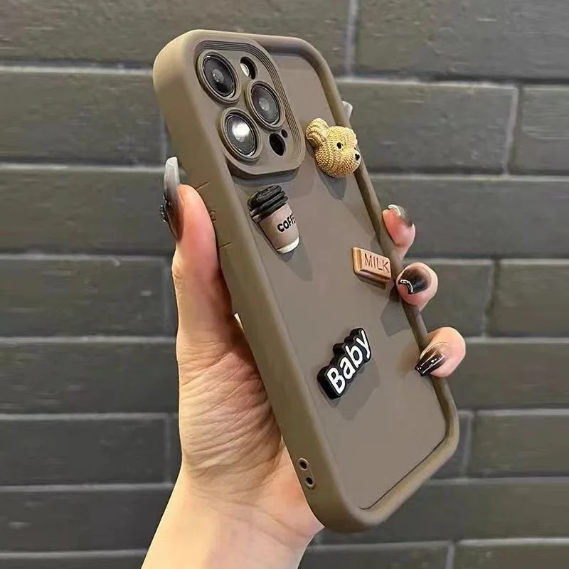 Charming 3D Bear Cartoon Coffee Phone Case – Soft Shockproof Cover