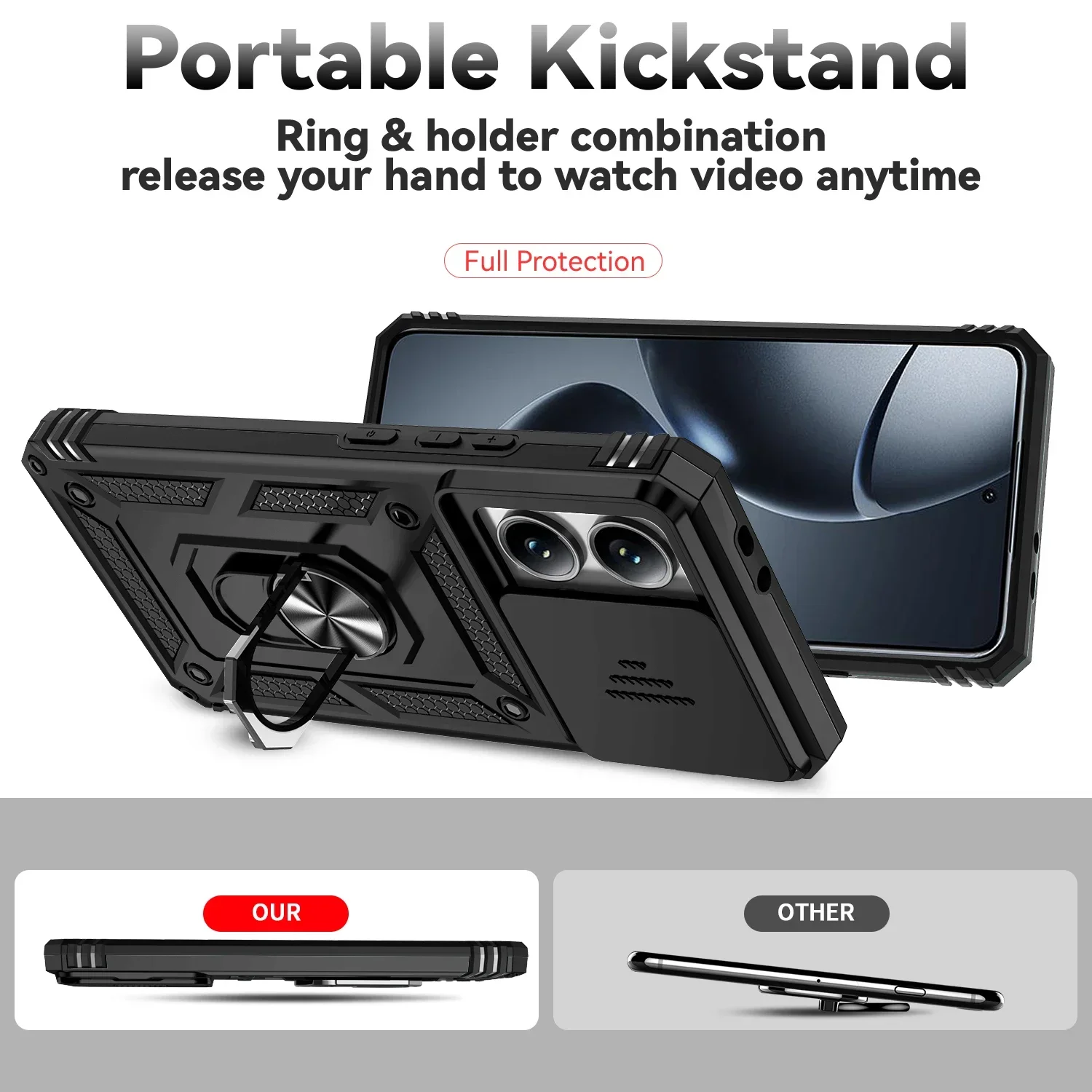 Enhanced Shockproof Armor Case with Car Magnetic Ring Stand & Rotating Slide Camera Cover - Military Grade Protection