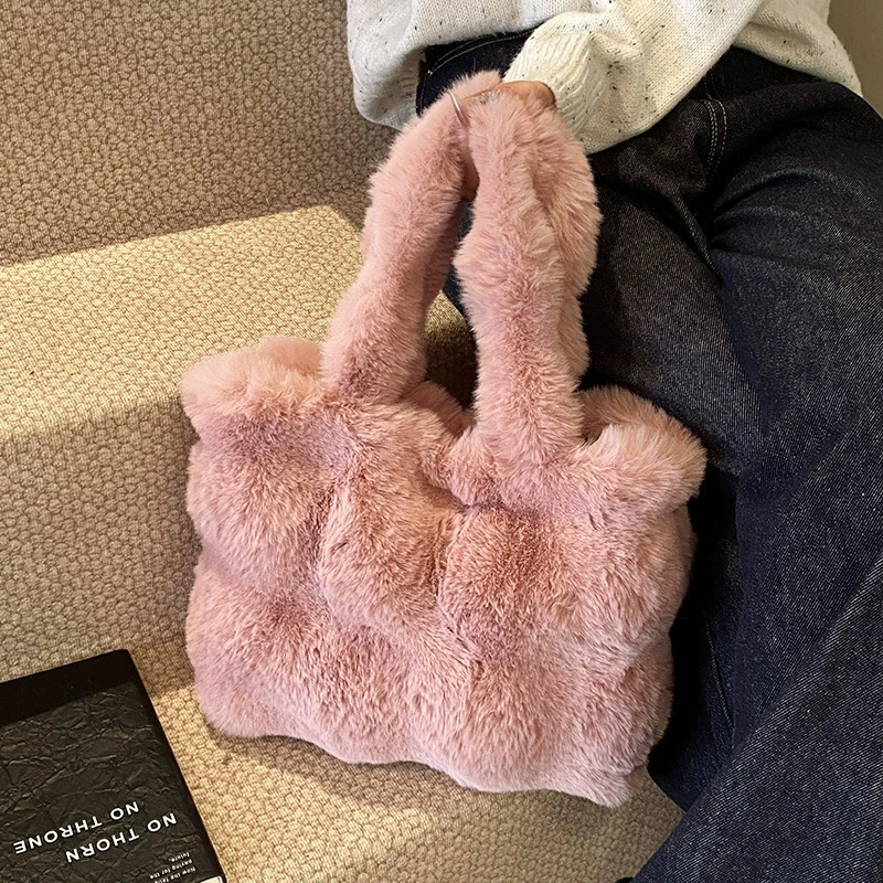 Women's Fluffy Plush Shoulder Bag Autumn Winter Top-Handle Solid Color Tote Versatile Commuter Handbag for Girls