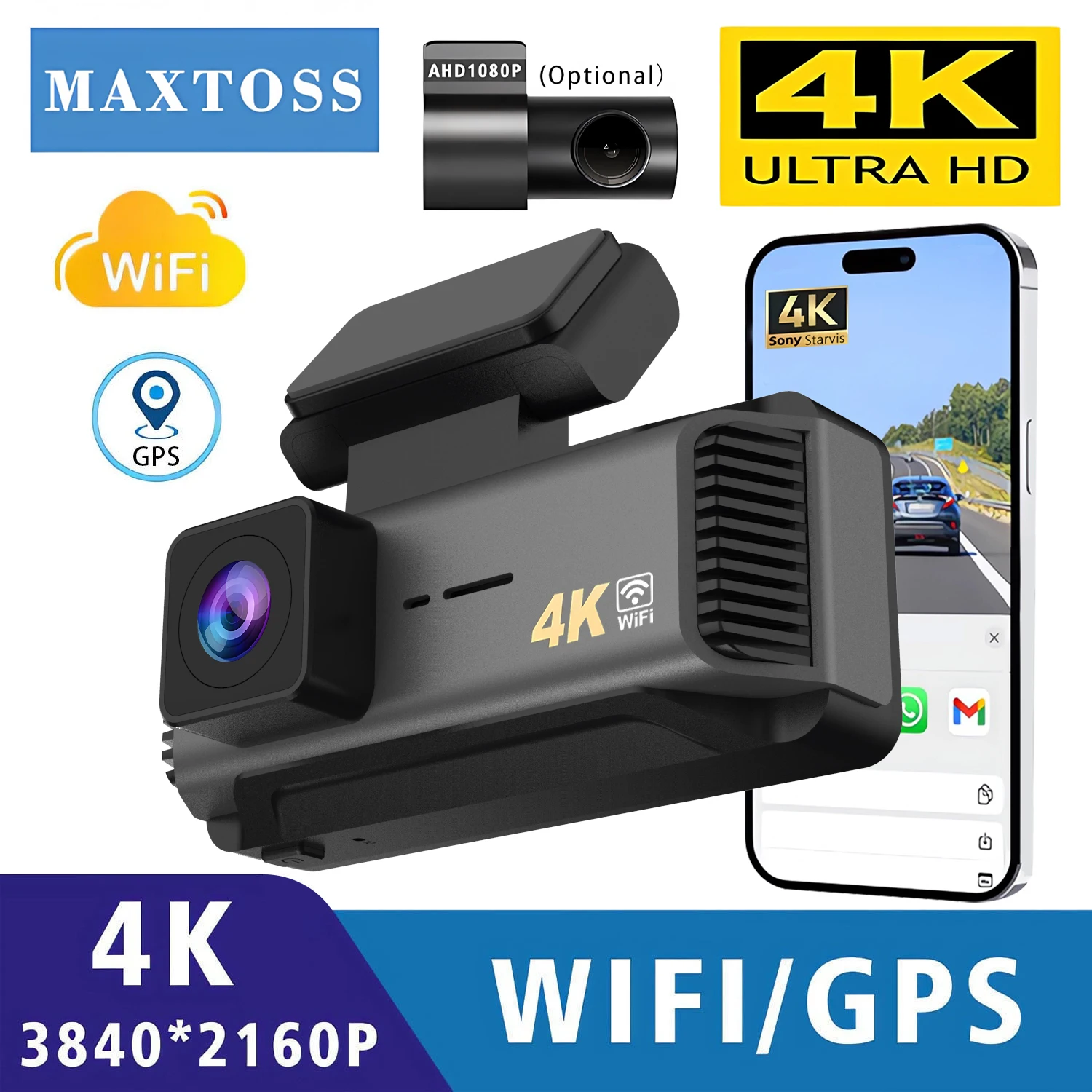 대시캠 4K3840*2160P UHD 녹화 차량용 카메라 DVR 야간 투시 비디오 레코더 내장 Wi-Fi 지원 GPS 24시간 주차 모니터링