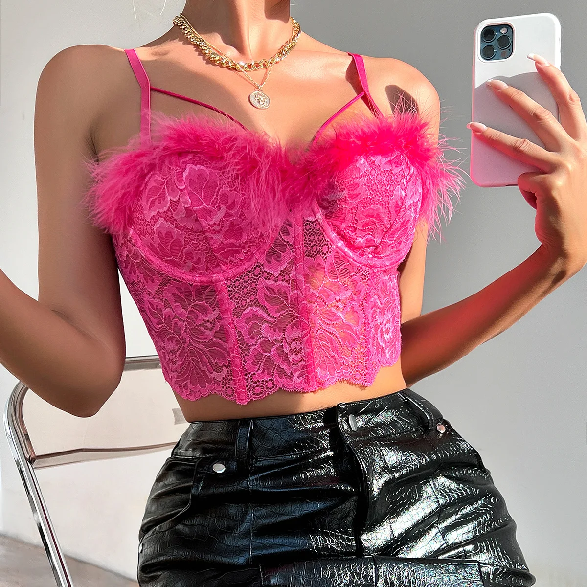 

French Women's Sexy Feather Fringe Corset Top Streetwear Lace Tank Top Ladies Fashion Halter Crop Bustier Vest Lingerie Camisole