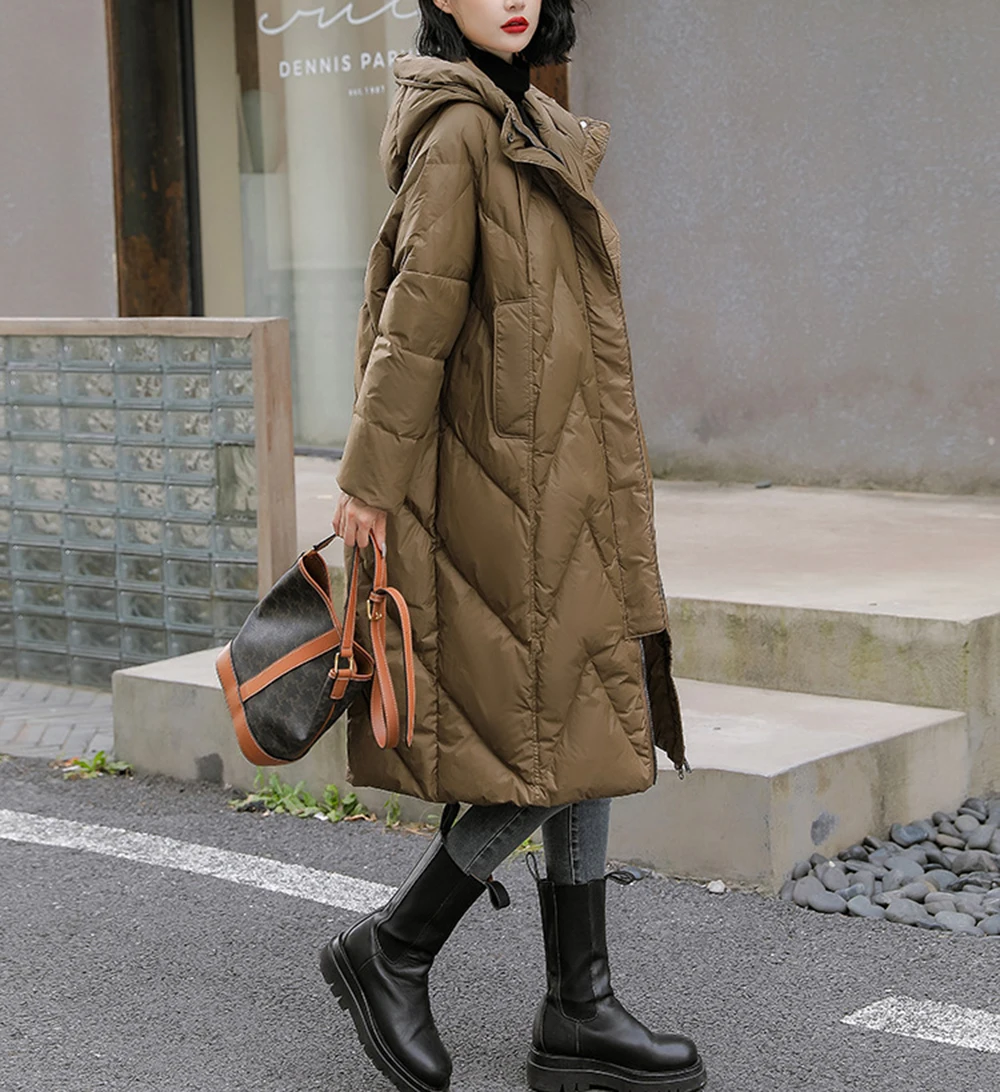 

Женская длинная куртка-парка, 90% белый утиный пух, стеганая, оверсайз, теплые куртки с капюшоном, повседневные Черные парки с карманами, зима