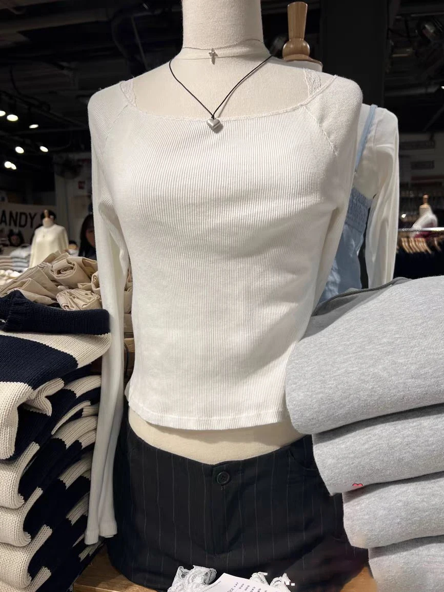 

Повседневные белые футболки в рубчик с длинным рукавом, женские сексуальные хлопковые облегающие однотонные футболки с воротником-лодочкой, топы, Милая женская футболка в стиле преппи Y2k