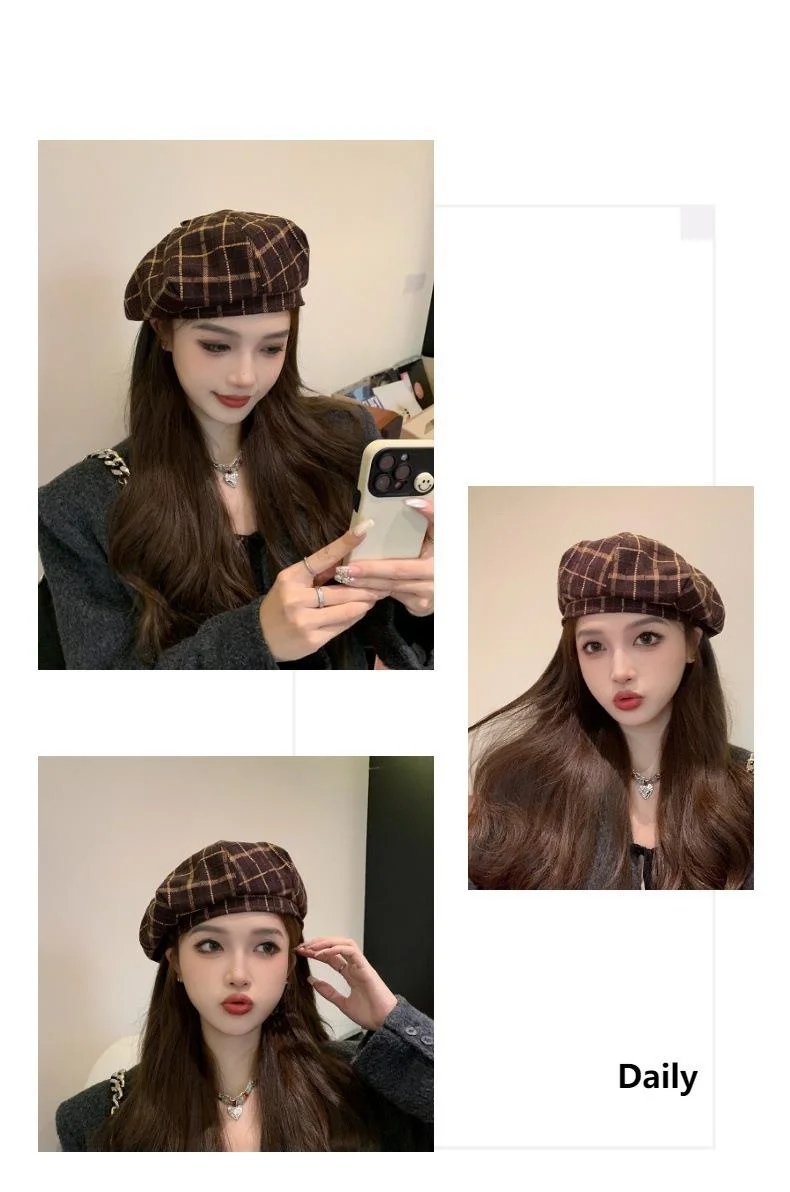 Plaid Beret Hat For Women British Retro Style Woolen Painter Cap_voghion.com