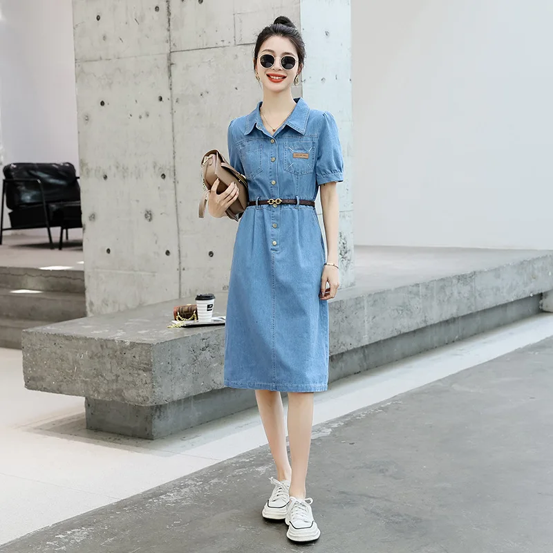 

Women's Denim Patchwork Dress Solid Button Short Sleeved Pocket Polo Collar Korean New Casual A-Line Mid Length Skirt Vestidos