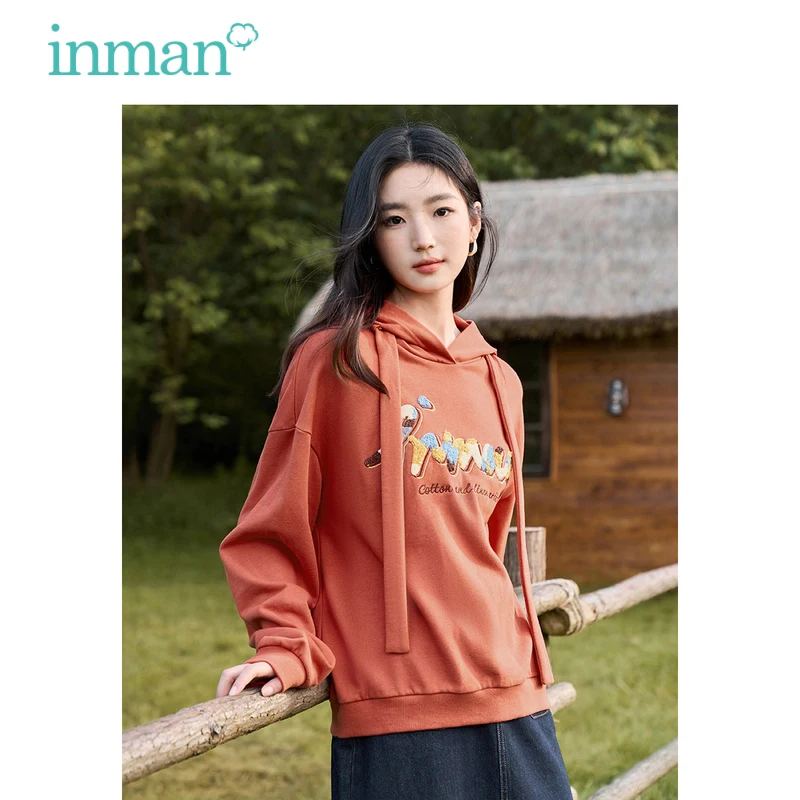 INMAN Women Hoodies 2023 Autumn Long Sleeve Loose Hooded Sweatshirt Towel Embroidery Fashion Casual Cute Apricot Red Pullover