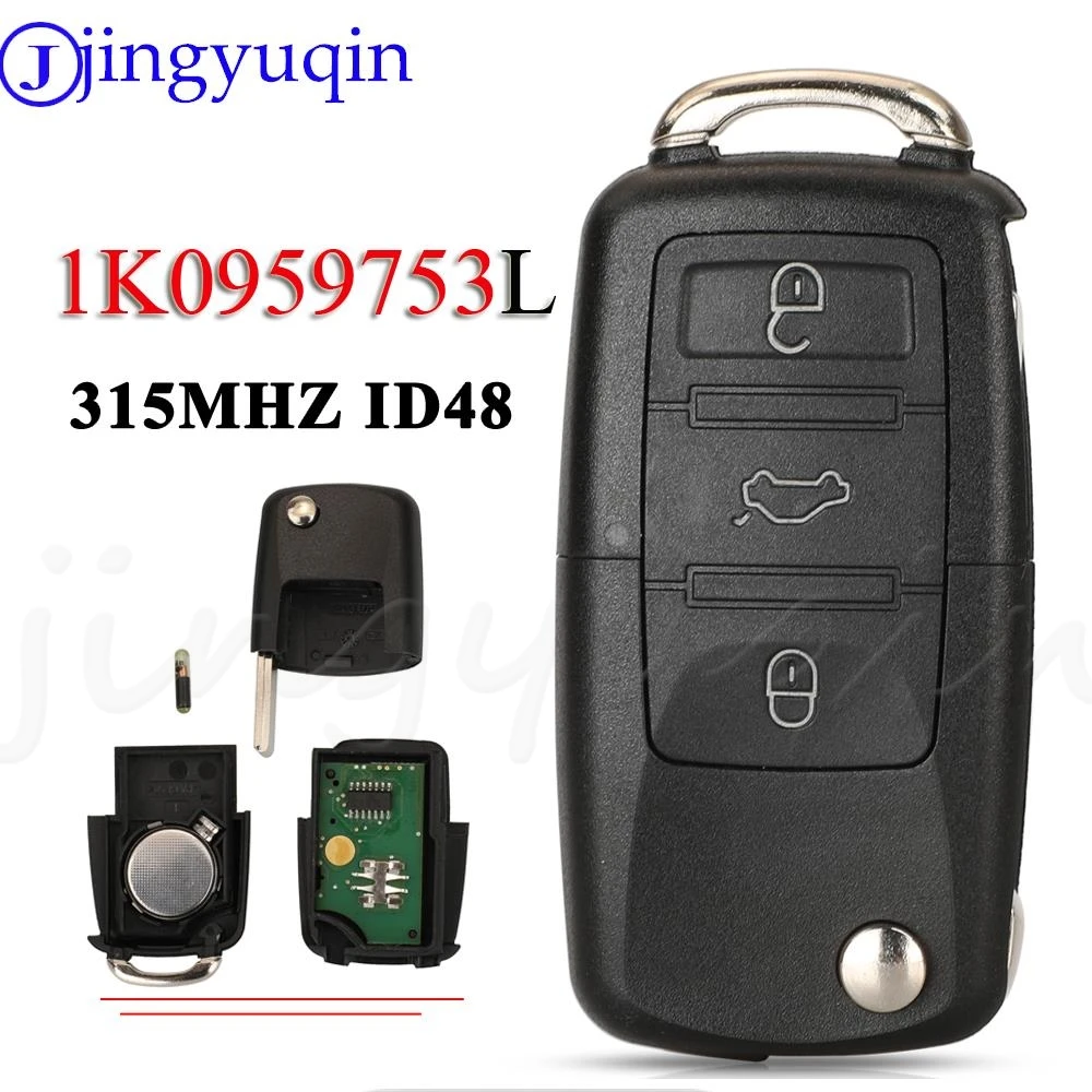 

Пульт дистанционного управления jingyuqin 1K0959753L 3BTN, 315 МГц, чип ID48 для VW VOLKSWAGEN Bora Golf Sharan Passat Leon HU66