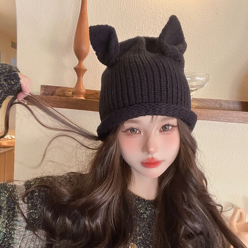 

Korean Autumn and Winter New Rabbit Ear Knitted Hat Cute Warm Sweet Skullies Hats Outdoor Versatile Beanie Cap for Men and Women