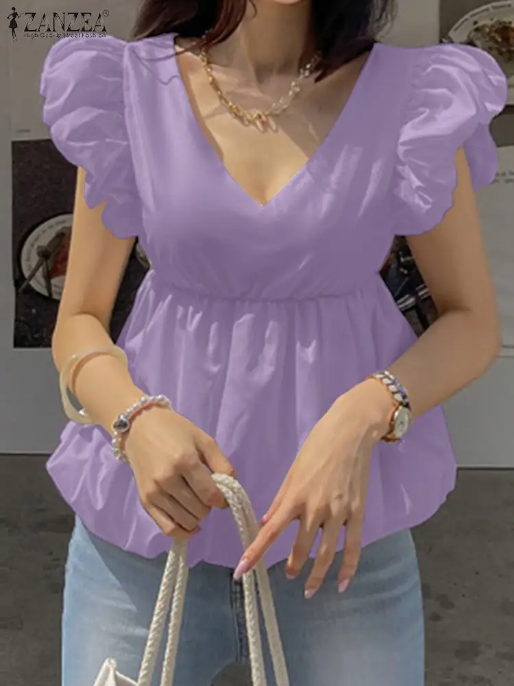 

Summer Puff Sleeve Shirts ZANZEA Sexy Women Blouses Korean Fashion V Neck Backless A-line Tunics Elegant Waisted Peplum Tops