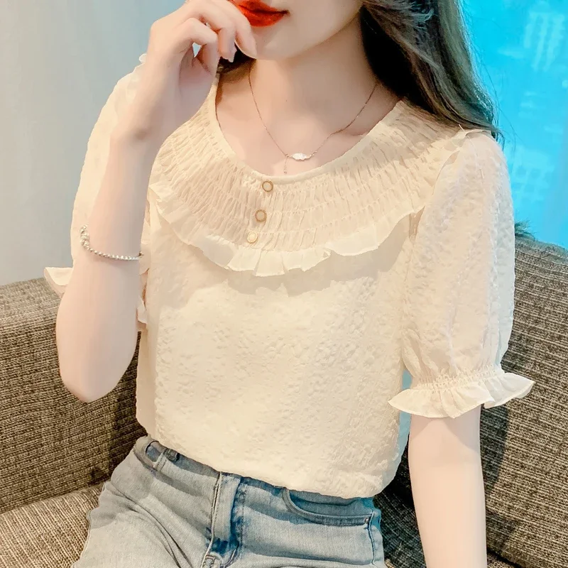 

Блузка женская летняя с коротким рукавом и круглым вырезом, 26024